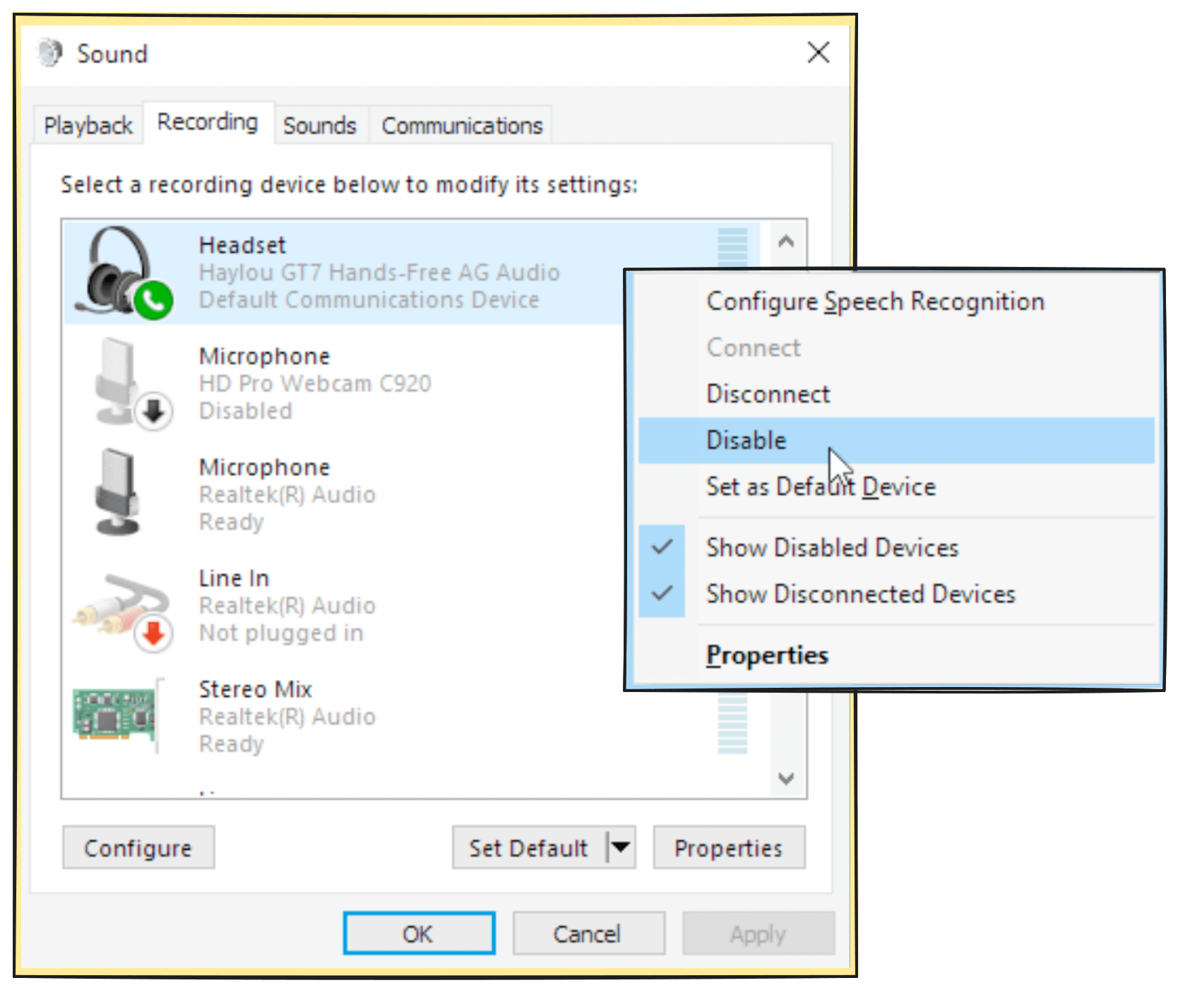 Disable microphone on Windows via sound settings